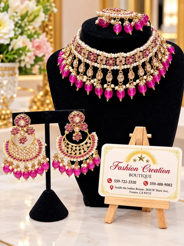 Pink and gold necklace and earring set on a display stand