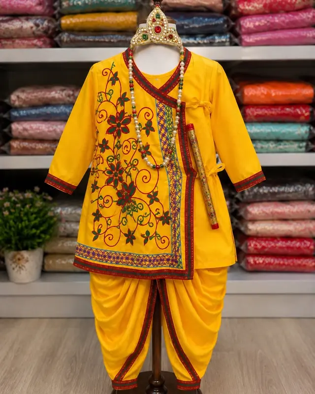 Marigold embroidered kurta with dhoti on a mannequin