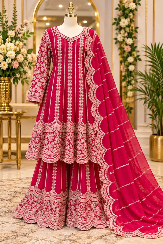 Red embroidered lehenga with scalloped dupatta