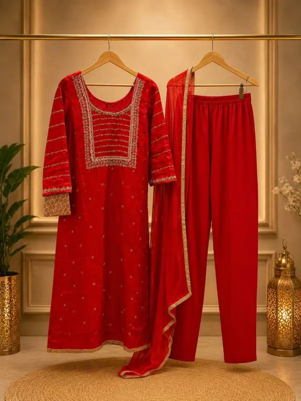 Red embroidered suit set on hangers