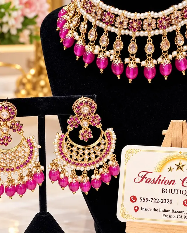 Pink and gold jewelry set with the boutique's business card