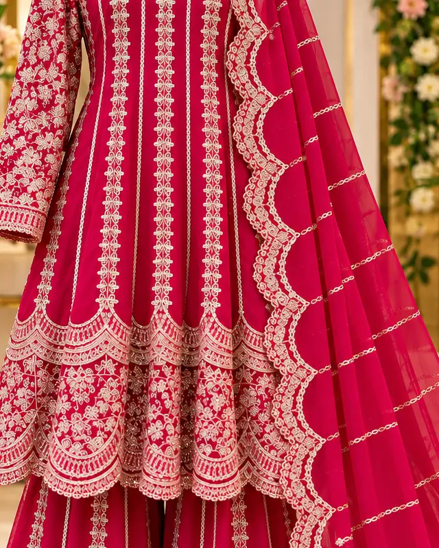 Red embroidered bridal lehenga at Fashion Creation Boutique, Fresno