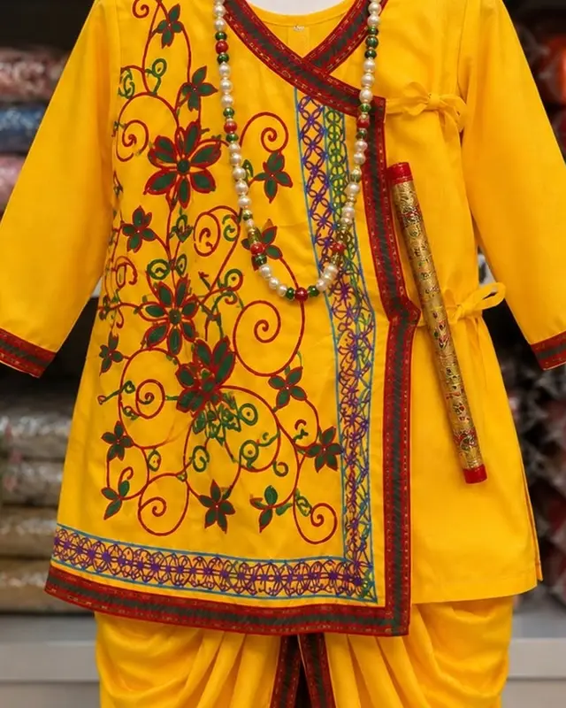 Marigold embroidered kurta on a mannequin in the shop